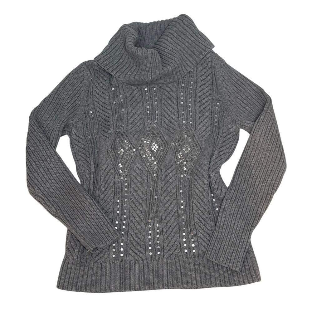 Talbots Grey Turtleneck Sequin Cable Knit Sweater Women XL Wool Cotton Blend